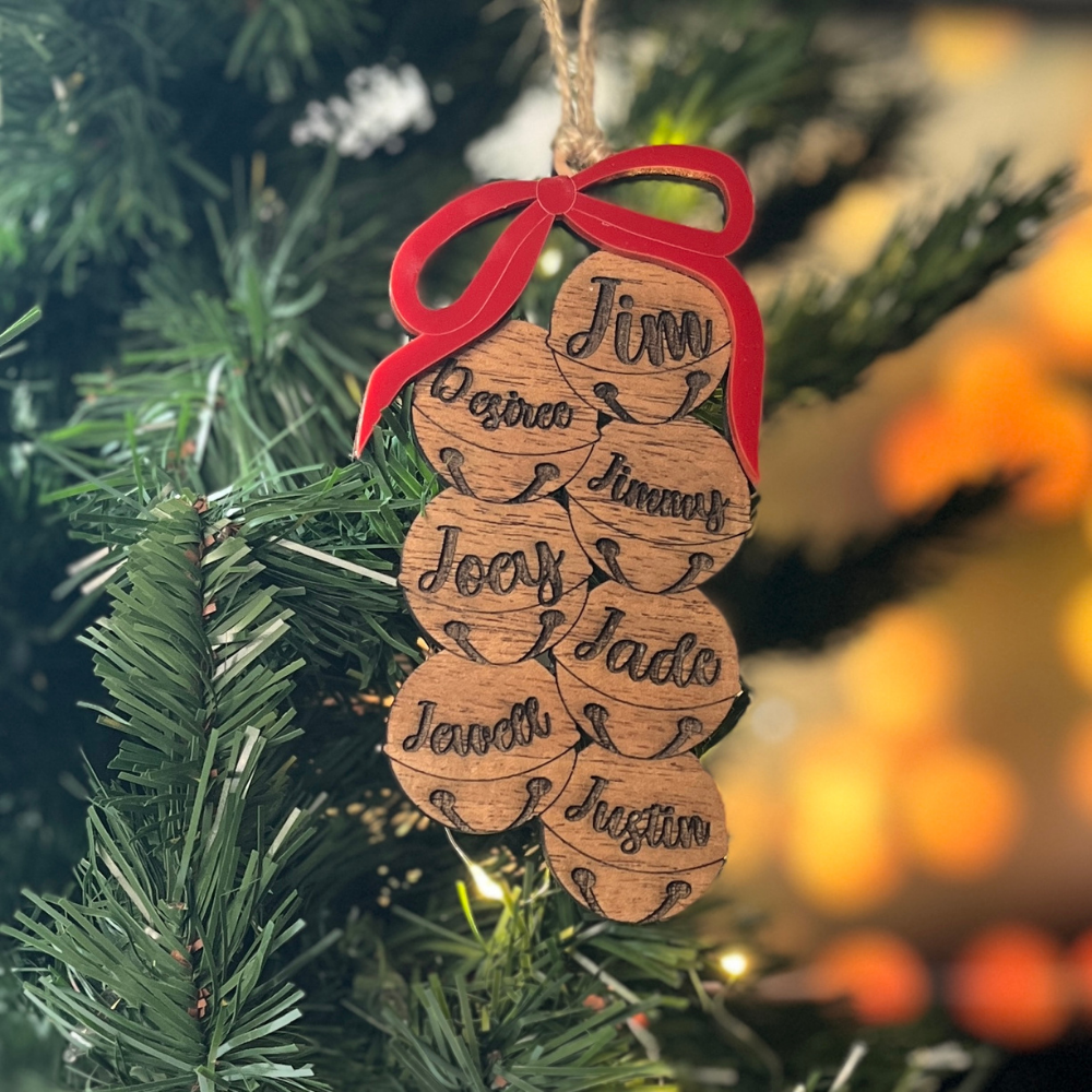 Personalized Family Bell Ornament — Custom Names with Red Acrylic Bow
