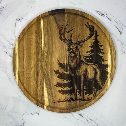 Deer Wooden Decorative Tray – Engraved Stag & Pine Tree Design
