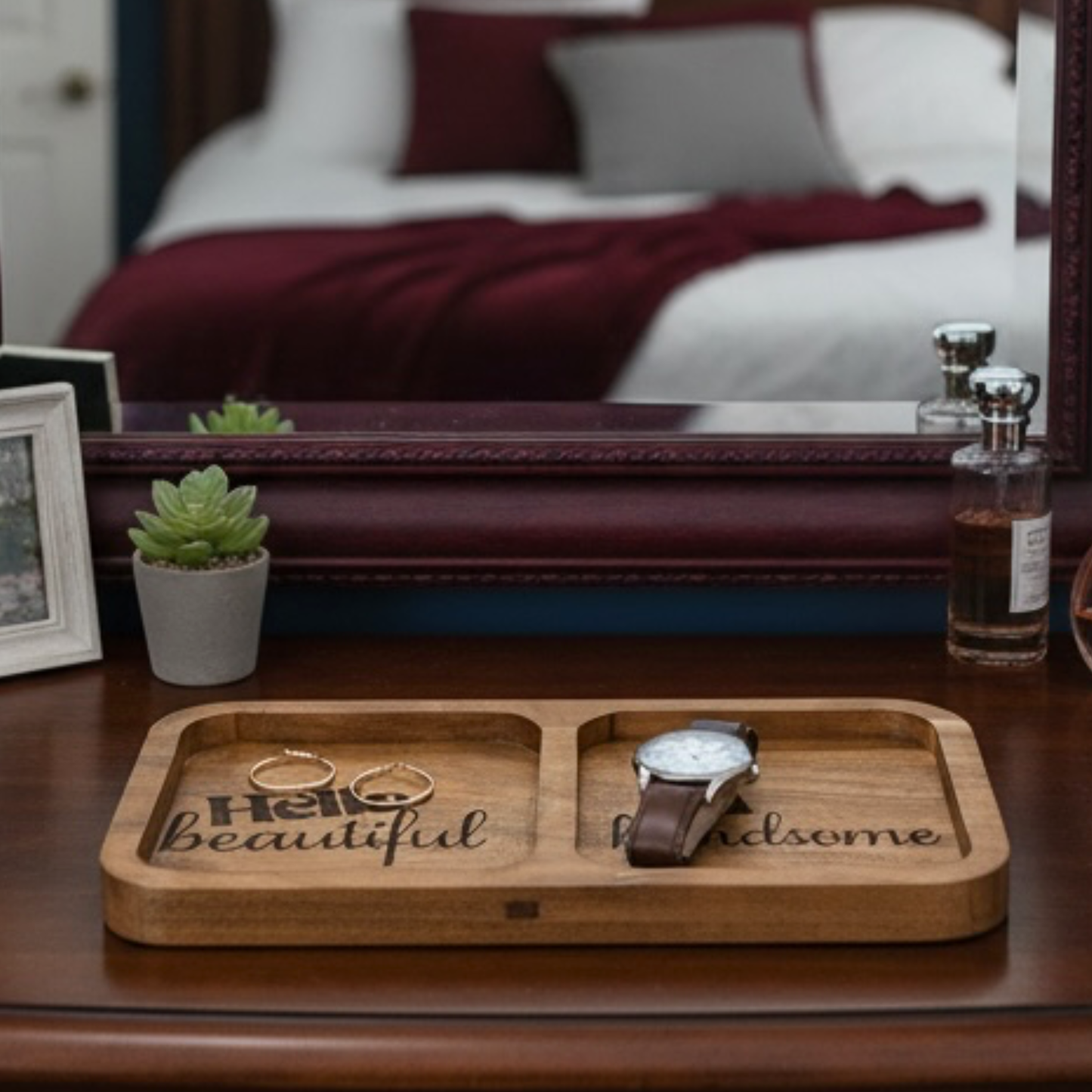Couples Wooden Valet Tray – Hello Beautiful & Hi Handsome Dresser Organizer