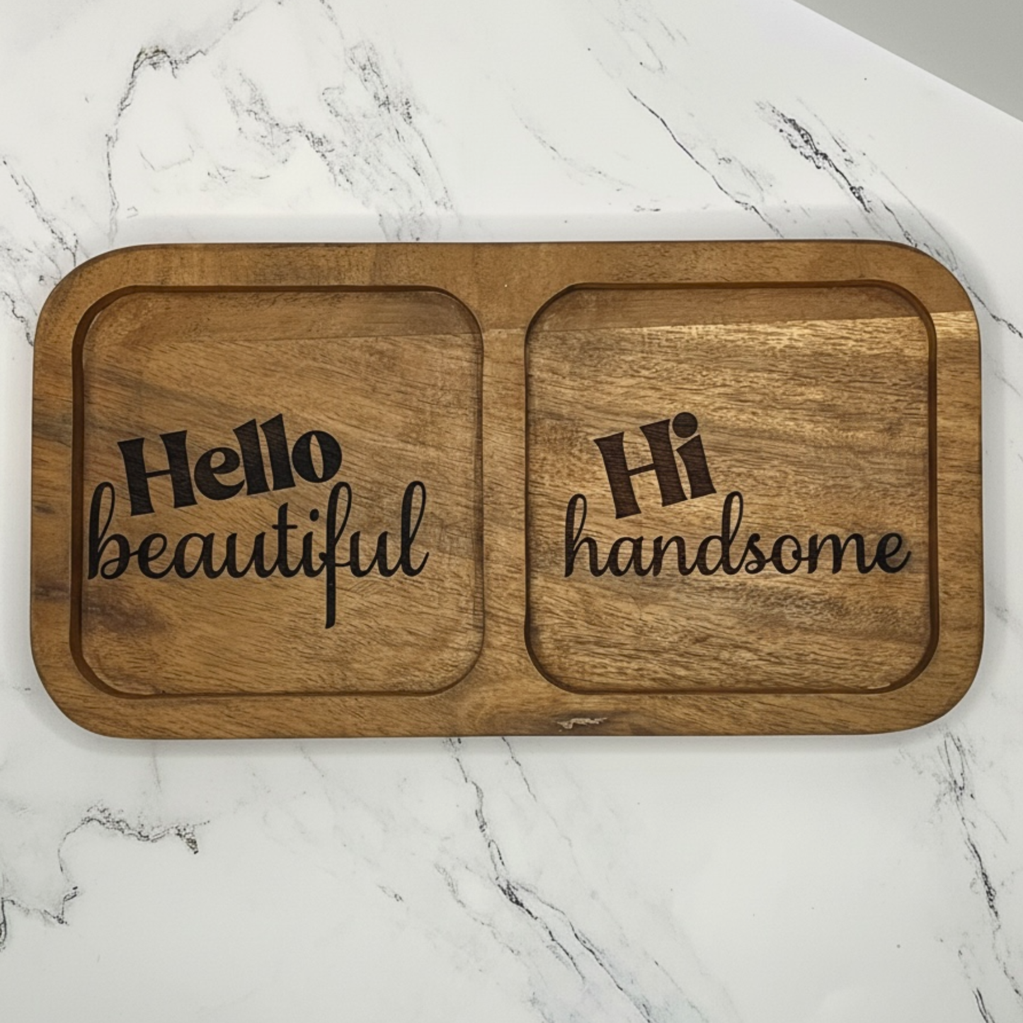 Couples Wooden Valet Tray – Hello Beautiful & Hi Handsome Dresser Organizer