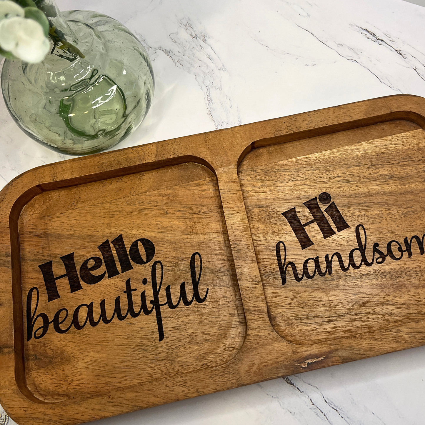 Couples Wooden Valet Tray – Hello Beautiful & Hi Handsome Dresser Organizer