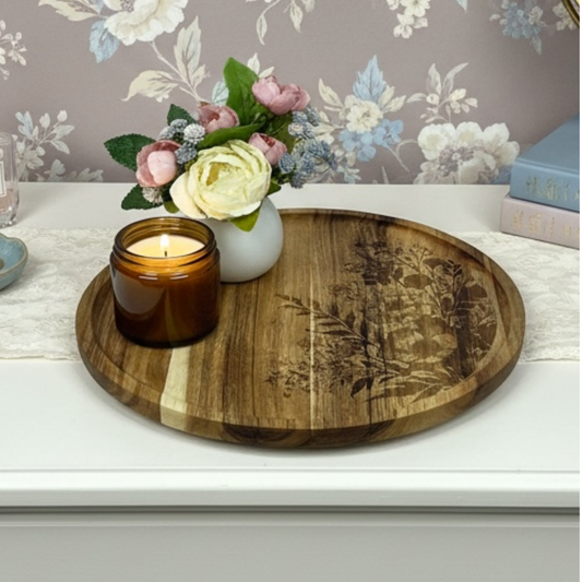 Vintage Bird Toile-inspired Floral Wooden Tray – Engraved Round Decorative Tray
