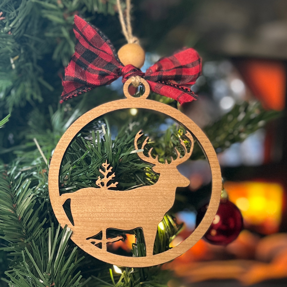 Personalized Deer Ornament with Plaid Bow — Custom Name & Year