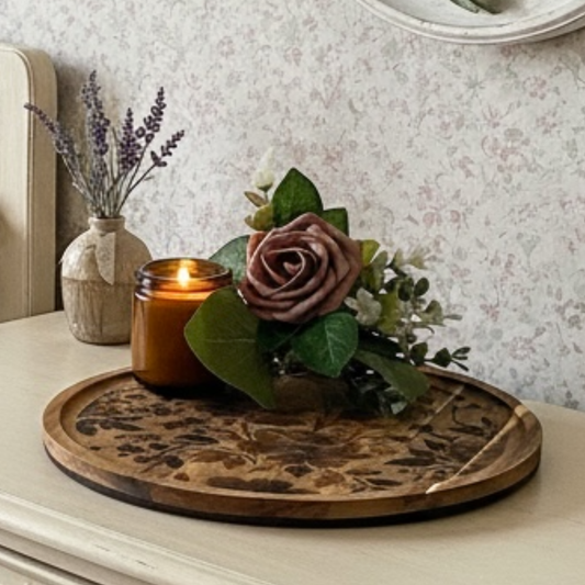 Vintage Floral Wooden Tray – Engraved Round Decorative Tray