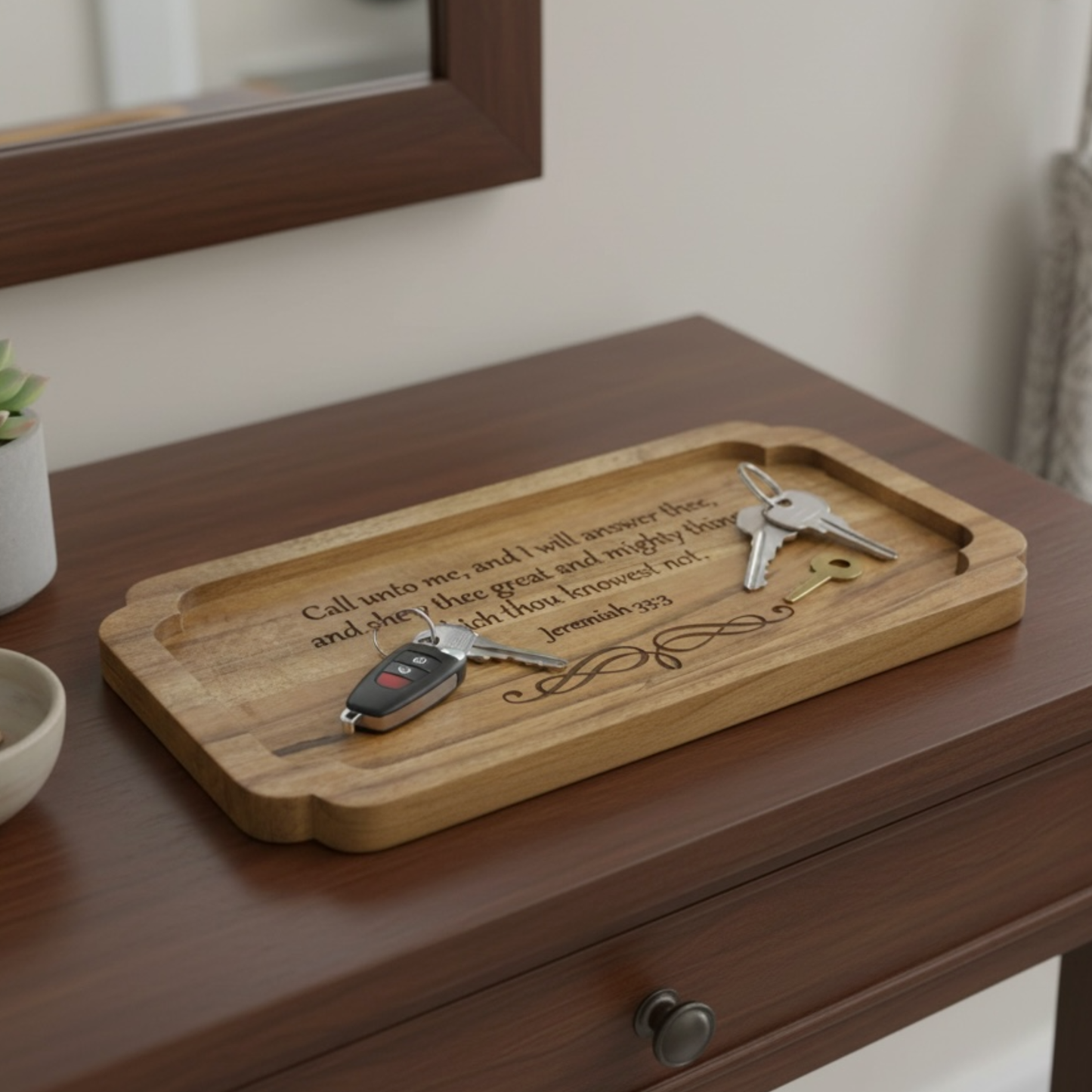 Wood Catchall Tray with Jeremiah 33:3 Bible Verse