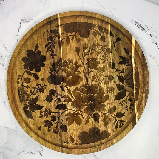 Vintage Floral Wooden Tray – Engraved Round Decorative Tray