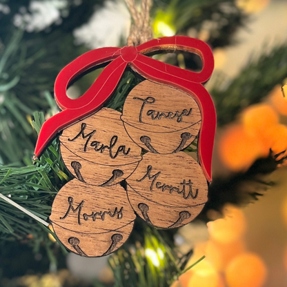 Personalized Family Bell Ornament — Custom Names with Red Acrylic Bow