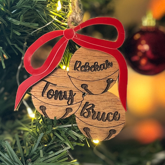 Personalized Family Bell Ornament — Custom Names with Red Acrylic Bow