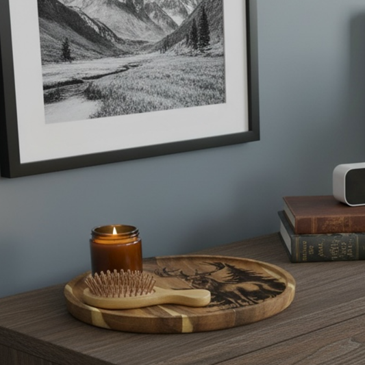 Deer Wooden Decorative Tray – Engraved Stag & Pine Tree Design
