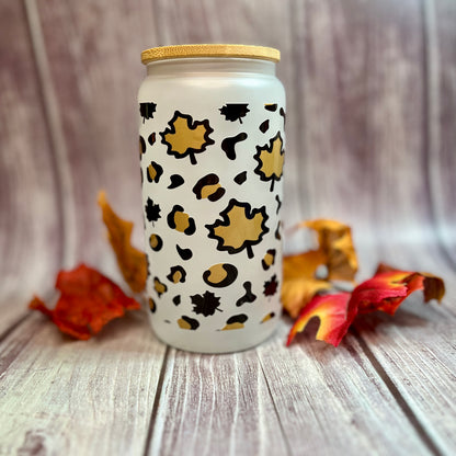 Leopard Print Fall Leaf 16 oz glass tumbler