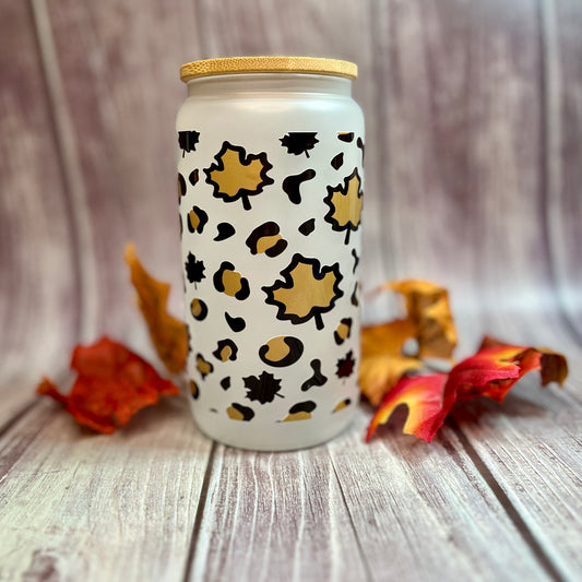 Leopard Print Fall Leaf 16 oz glass tumbler