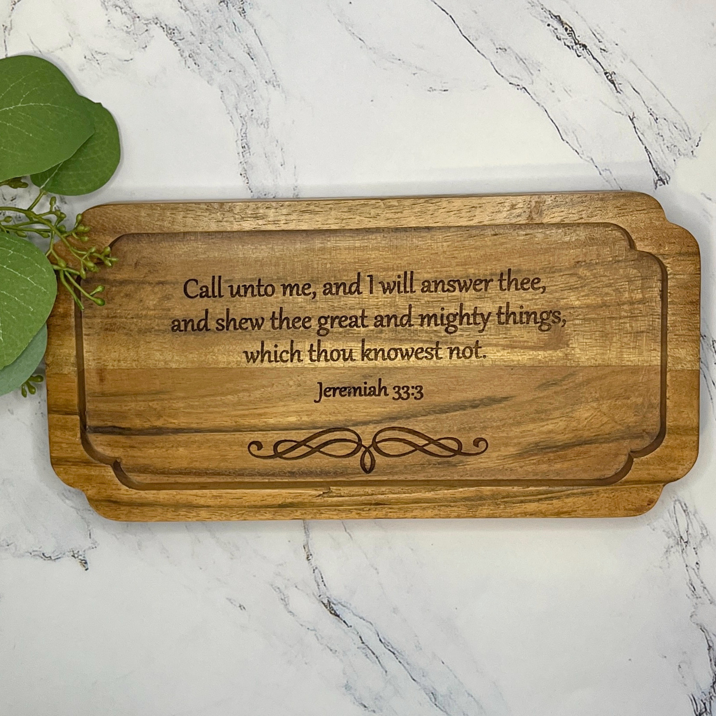 Wood Catchall Tray with Jeremiah 33:3 Bible Verse