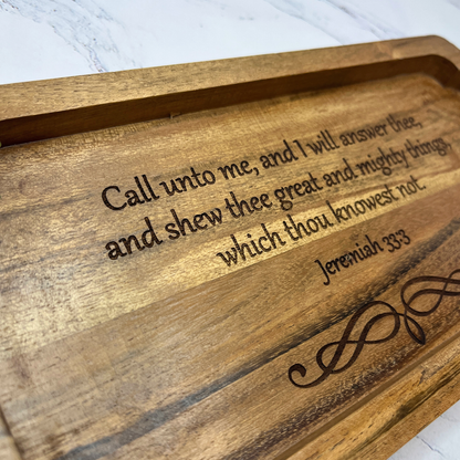 Wood Catchall Tray with Jeremiah 33:3 Bible Verse