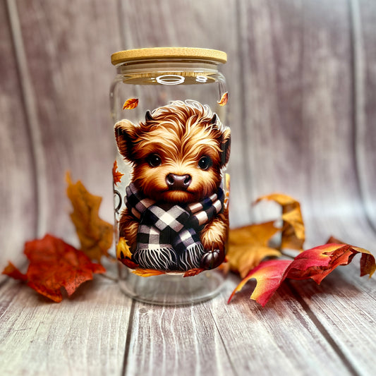 Fall Highland Cow Glass 16 oz Tumbler