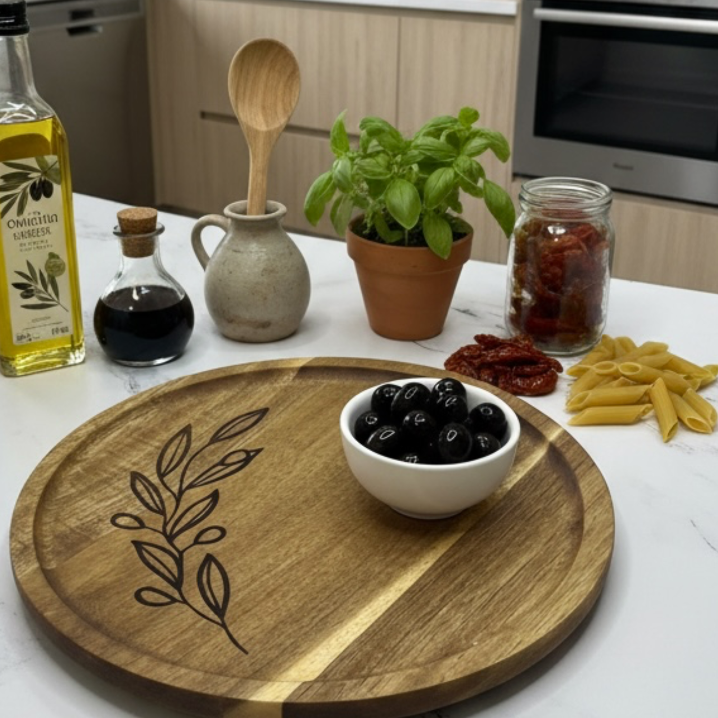 Engraved Wooden Decorative Tray with Olive Branch Design
