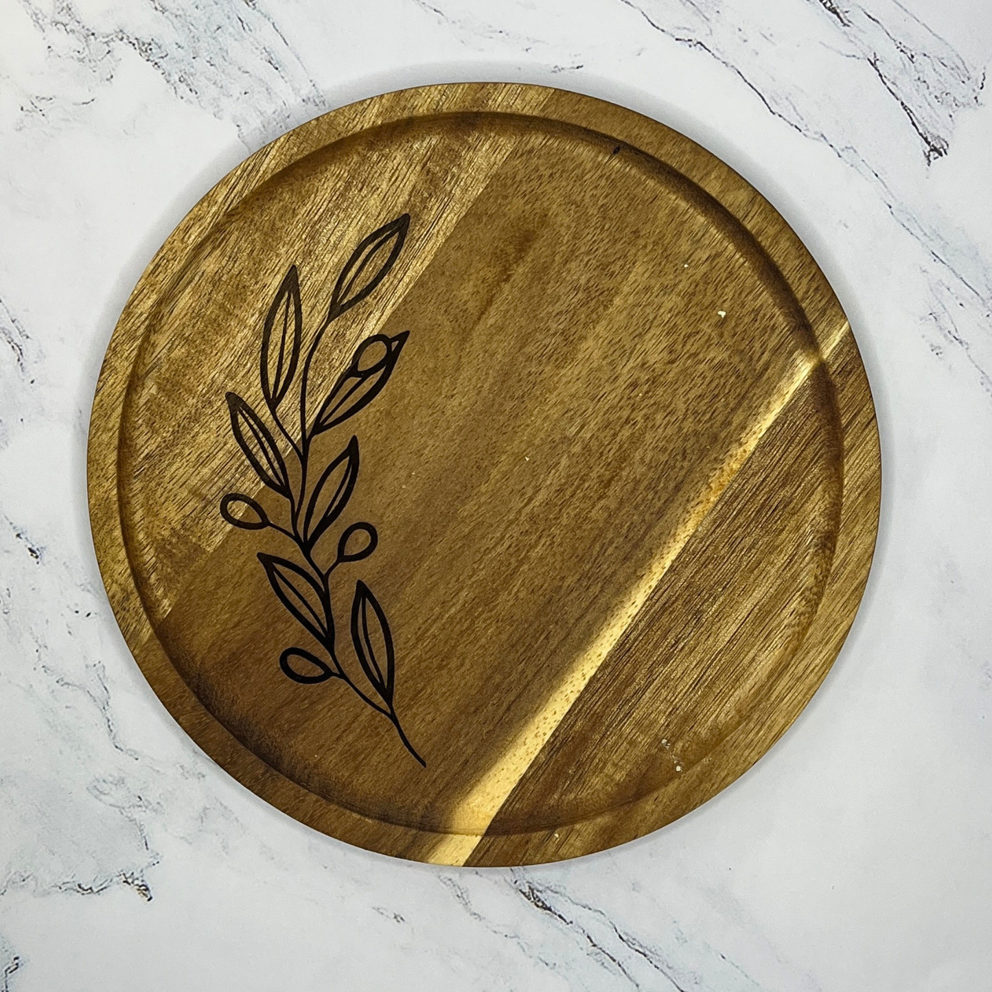 Engraved Wooden Decorative Tray with Olive Branch Design