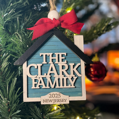 New Home House Ornament — Custom Family Name, Address & Optional Key
