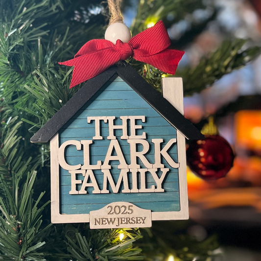 New Home House Ornament — Custom Family Name, Address & Optional Key
