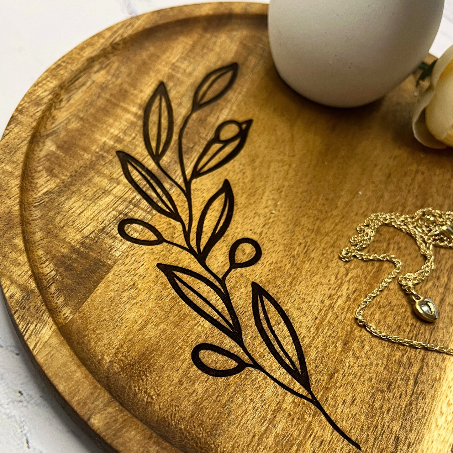 Engraved Wooden Decorative Tray with Olive Branch Design