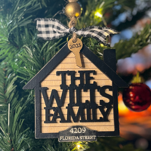 New Home House Ornament — Custom Family Name, Address & Optional Key