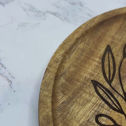 Engraved Wooden Decorative Tray with Olive Branch Design