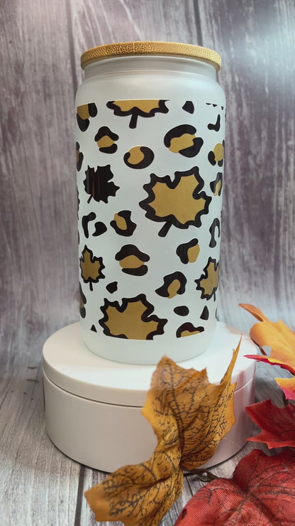 Leopard Print Fall Leaf 16 oz glass tumbler